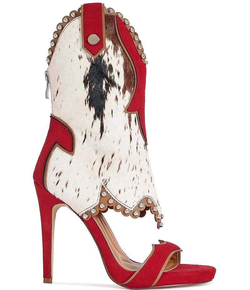 Azalea Wang Tahlie Cow Print Calf Hair Western Boot Shaft Sandals
