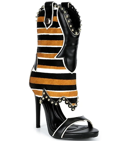 Azalea Wang Tahlie Striped Calf Hair Western Boot Shaft Sandals