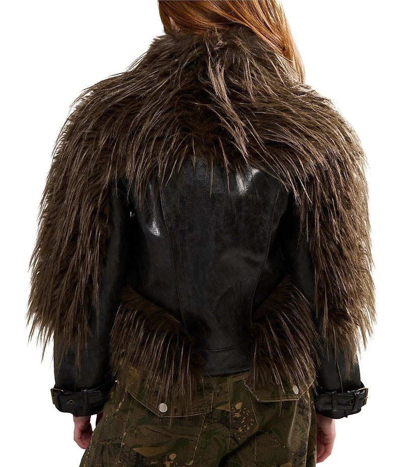 Azalea Wang Tahlis-Espresso Faux Leather Stand Collar Faux Fur Moto Jacket