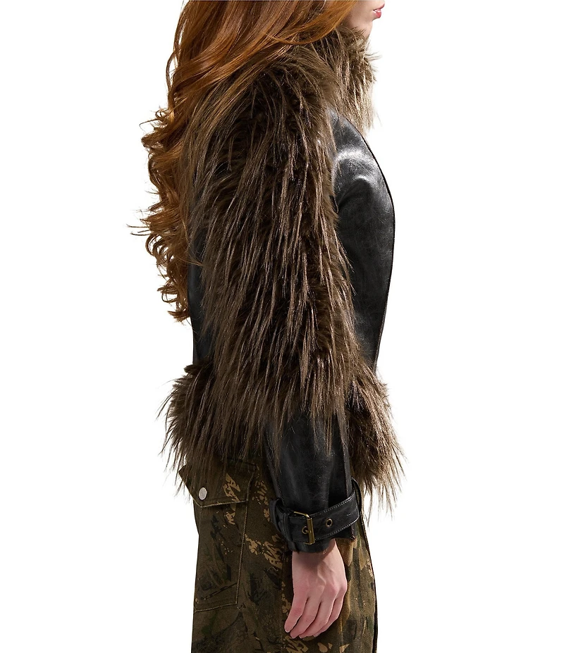 Azalea Wang Tahlis-Espresso Faux Leather Stand Collar Faux Fur Moto Jacket