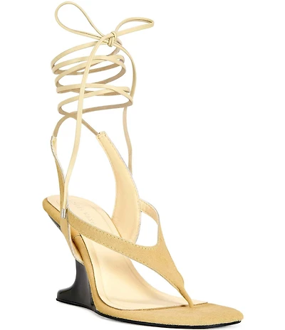 Azalea Wang Tamsie Calf Hair Ankle Tie Thong Pedestal Heel Sandals