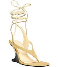Azalea Wang Tamsie Calf Hair Ankle Tie Thong Pedestal Heel Sandals