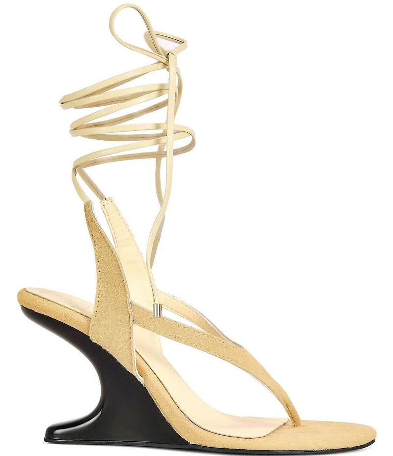 Azalea Wang Tamsie Calf Hair Ankle Tie Thong Pedestal Heel Sandals