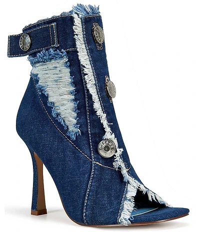 Azalea Wang Tandy Distressed Denim Hardware Detail Open Toe Booties