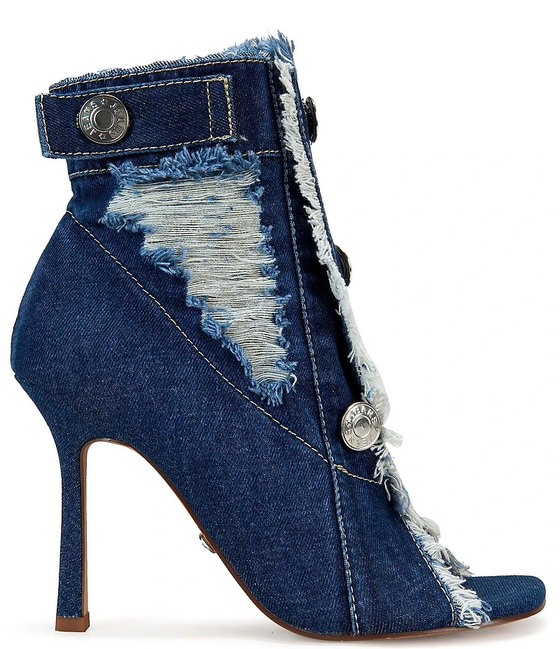 Azalea Wang Tandy Distressed Denim Hardware Detail Open Toe Booties