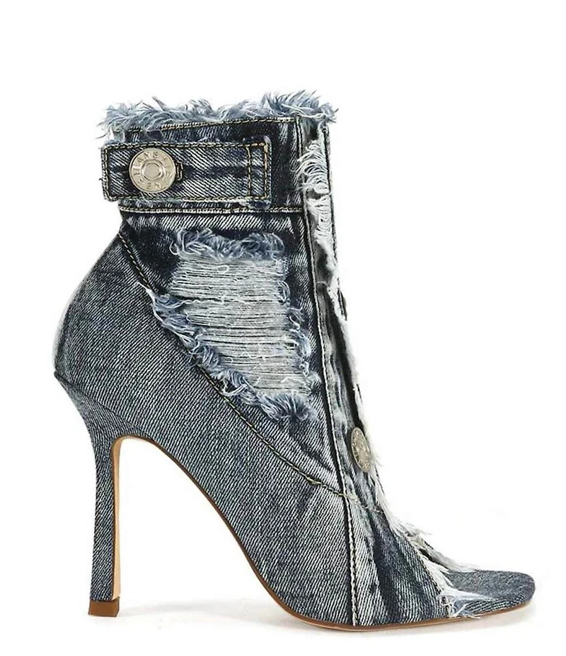 Azalea Wang Tandy Distressed Denim Peep Toe Booties