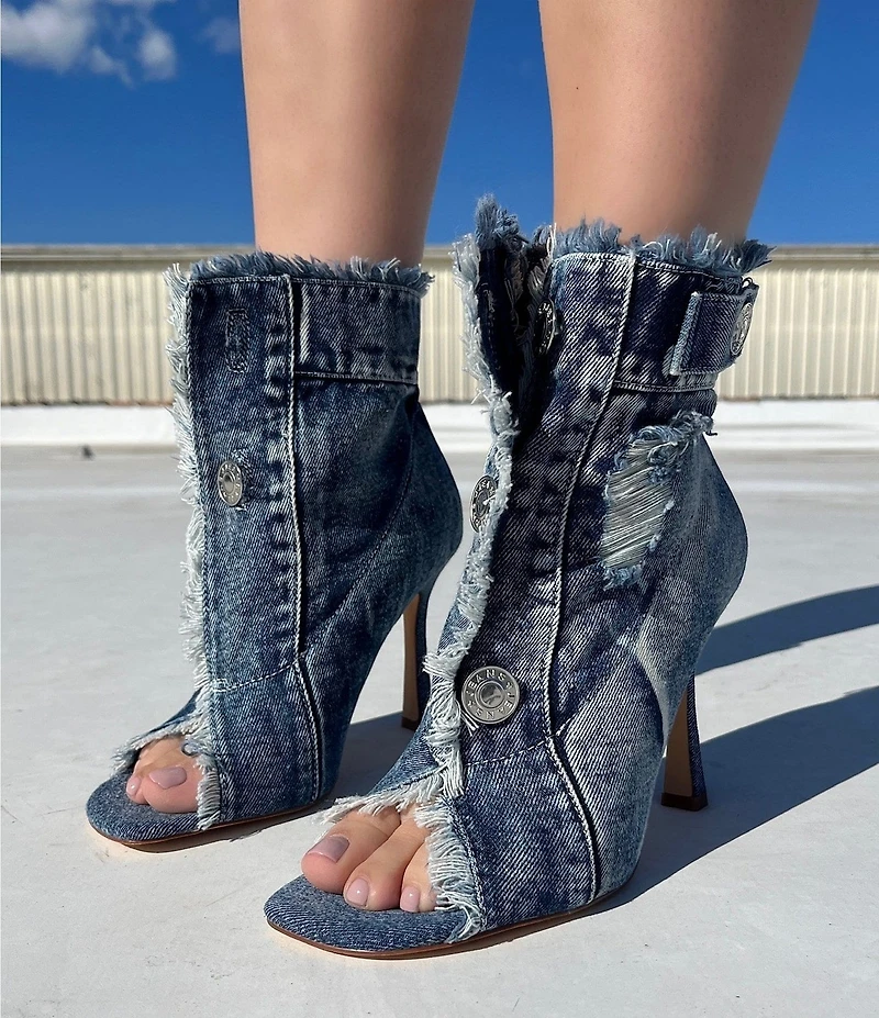 Azalea Wang Tandy Distressed Denim Peep Toe Booties