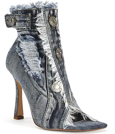 Azalea Wang Tandy Distressed Denim Peep Toe Booties