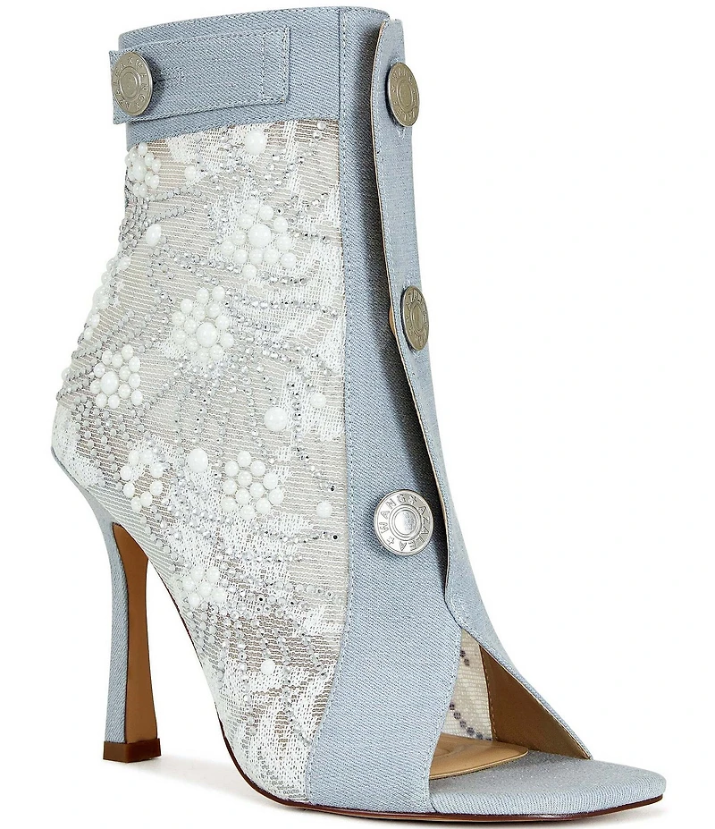 Azalea Wang Tandy Denim Lace Detail Pearl Embellished Peep Toe Booties