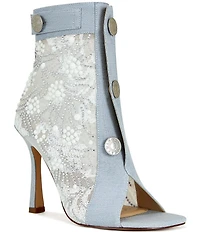 Azalea Wang Tandy Denim Lace Detail Pearl Embellished Peep Toe Booties