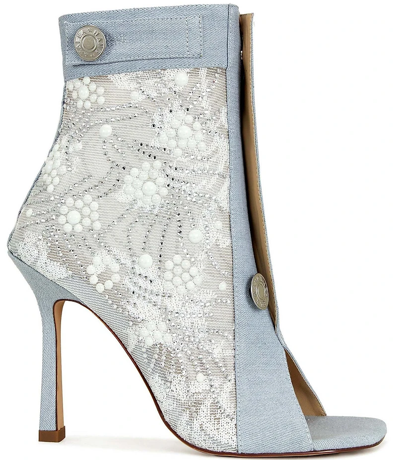 Azalea Wang Tandy Denim Lace Detail Pearl Embellished Peep Toe Booties