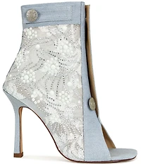 Azalea Wang Tandy Denim Lace Detail Pearl Embellished Peep Toe Booties