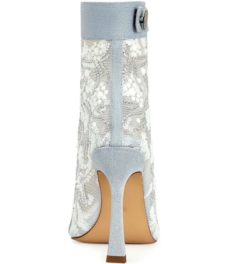 Azalea Wang Tandy Denim Lace Detail Pearl Embellished Peep Toe Booties
