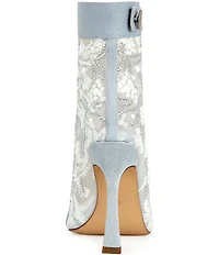 Azalea Wang Tandy Denim Lace Detail Pearl Embellished Peep Toe Booties