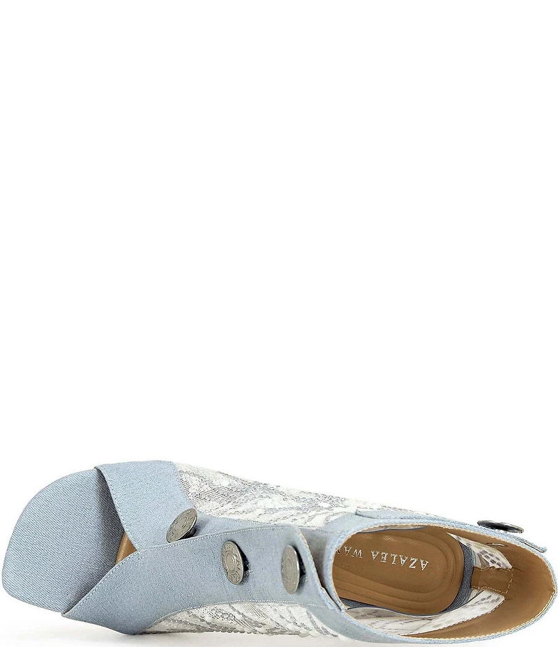Azalea Wang Tandy Denim Lace Detail Pearl Embellished Peep Toe Booties