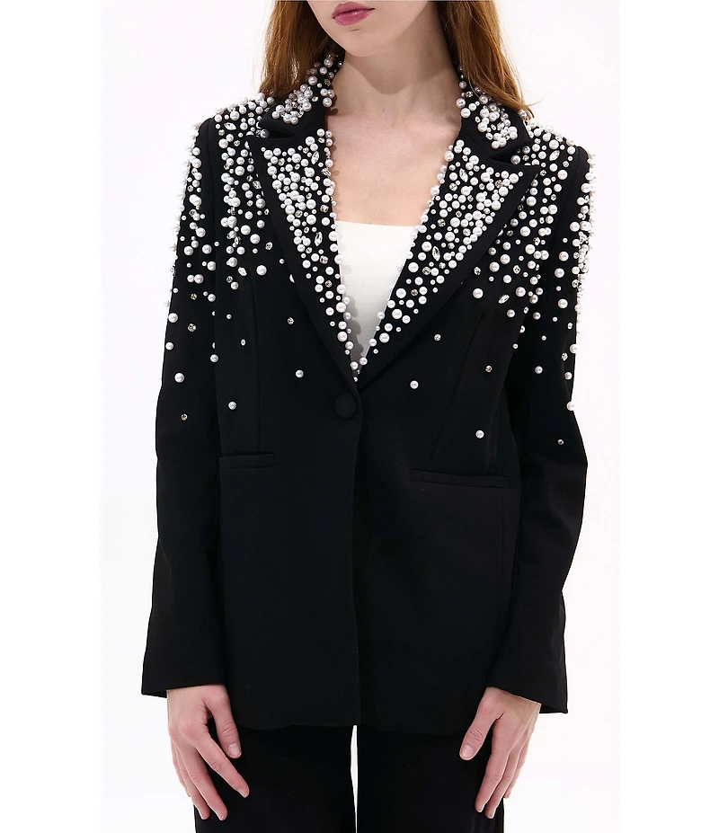 Azalea Wang Tatiana Solid Pearl Accent Notch Collar Button Front Blazer