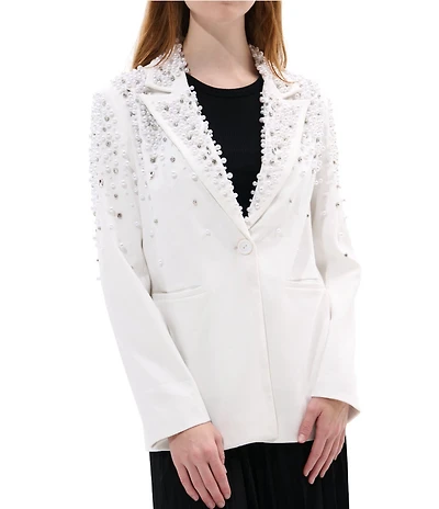 Azalea Wang Tatiana Solid Pearl Accent Notch Collar Relaxed Fit Button Front Blazer