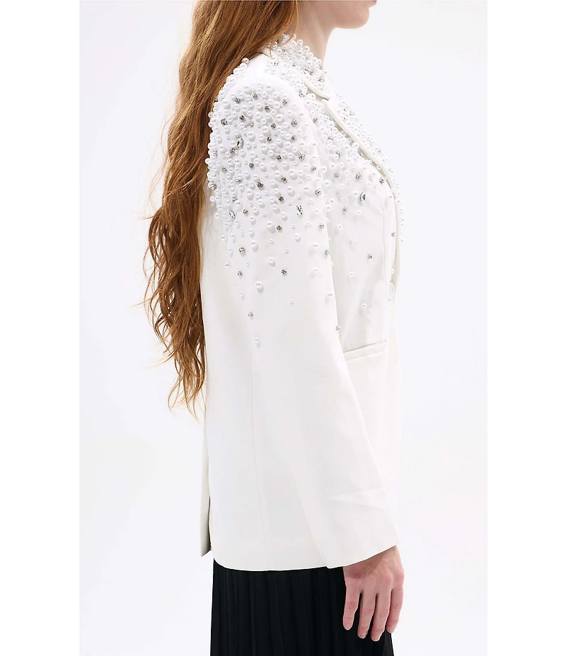 Azalea Wang Tatiana Solid Pearl Accent Notch Collar Relaxed Fit Button Front Blazer