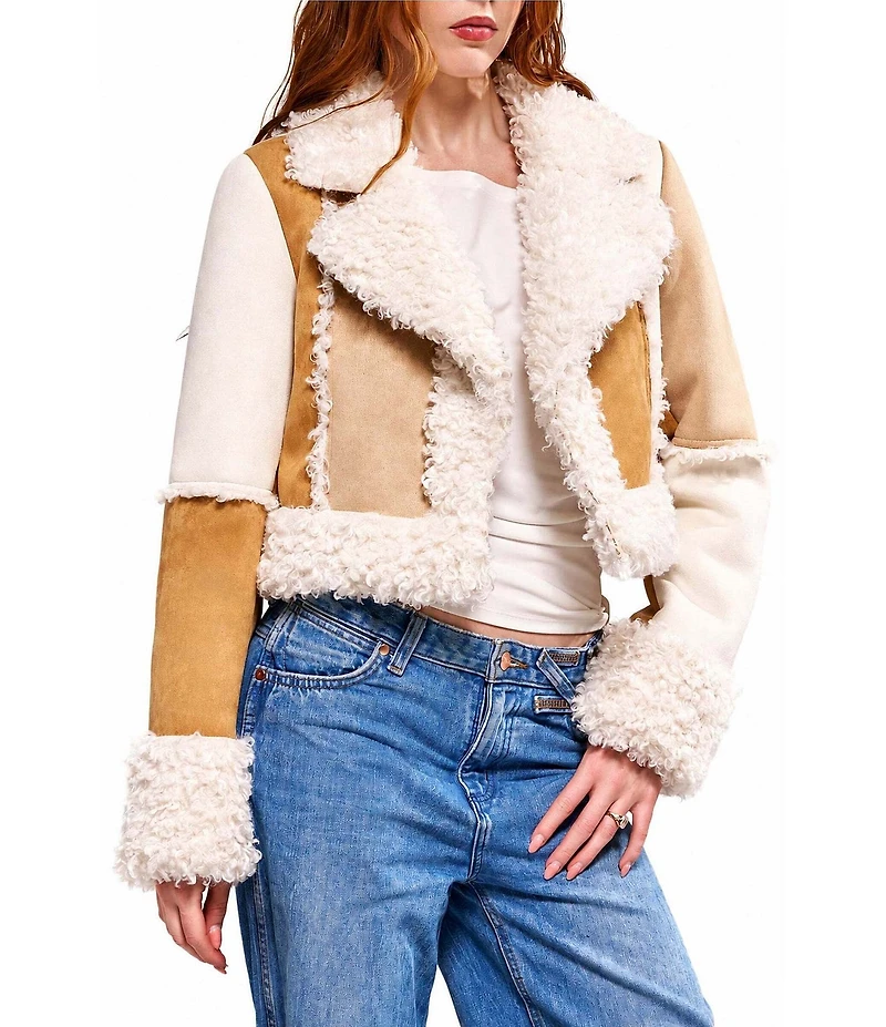 Azalea Wang Tellie Suede Sherpa Notch Collar Short Moto Jacket