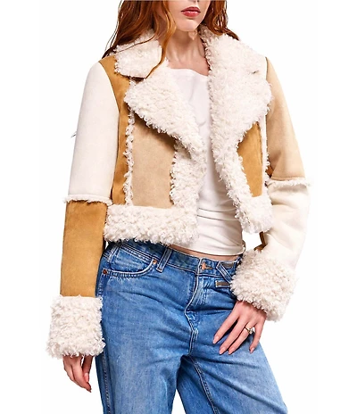 Azalea Wang Tellie-Camel Suede Sherpa Notch Collar Short Moto Jacket