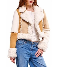 Azalea Wang Tellie Suede Sherpa Notch Collar Short Moto Jacket