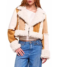 Azalea Wang Tellie Suede Sherpa Notch Collar Short Moto Jacket