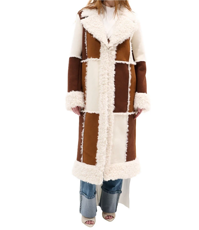 Azalea Wang Telluride Faux Fur Trim Notch Collar Hook Front Maxi Jacket
