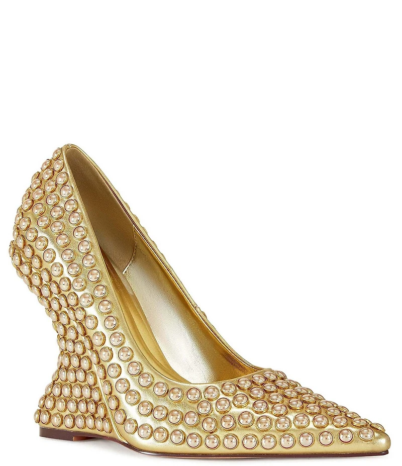 Azalea Wang Teryn Metallic Studded Curved Wedge Pumps