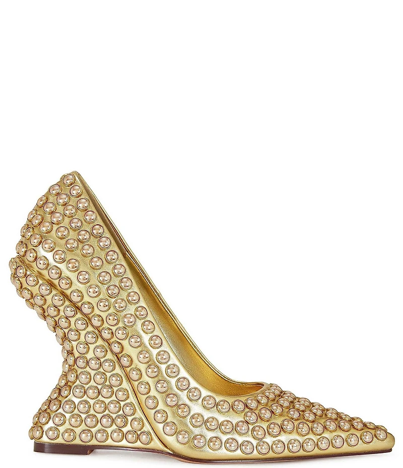 Azalea Wang Teryn Metallic Studded Curved Wedge Pumps