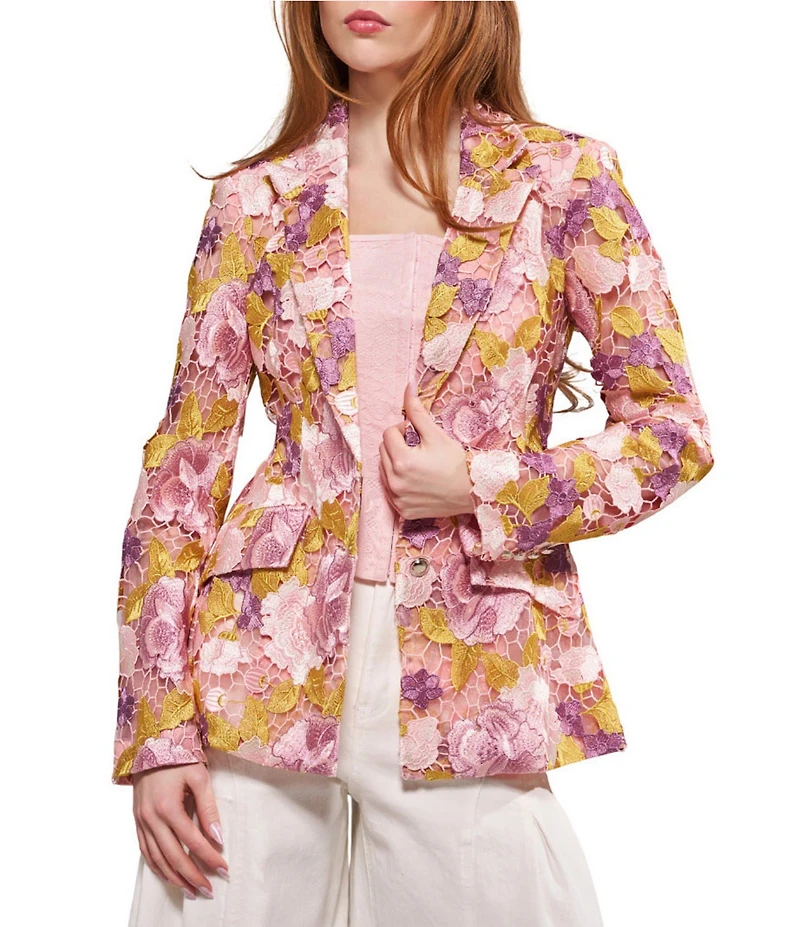 Azalea Wang Thalena Floral Lace Lapel Neck Relaxed Fit Button Front Blazer