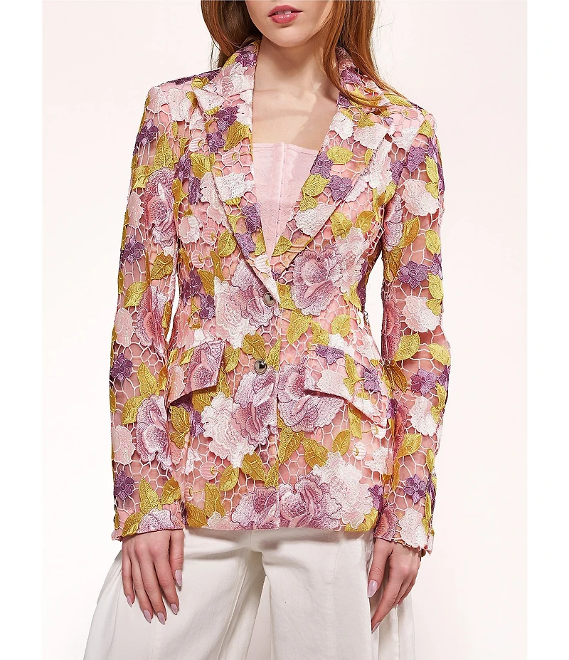 Azalea Wang Thalena Floral Lace Lapel Neck Relaxed Fit Button Front Blazer