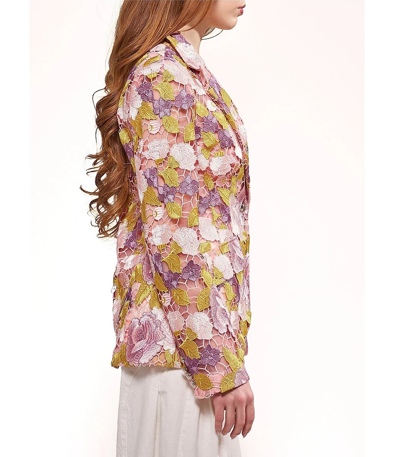 Azalea Wang Thalena Floral Lace Lapel Neck Relaxed Fit Button Front Blazer