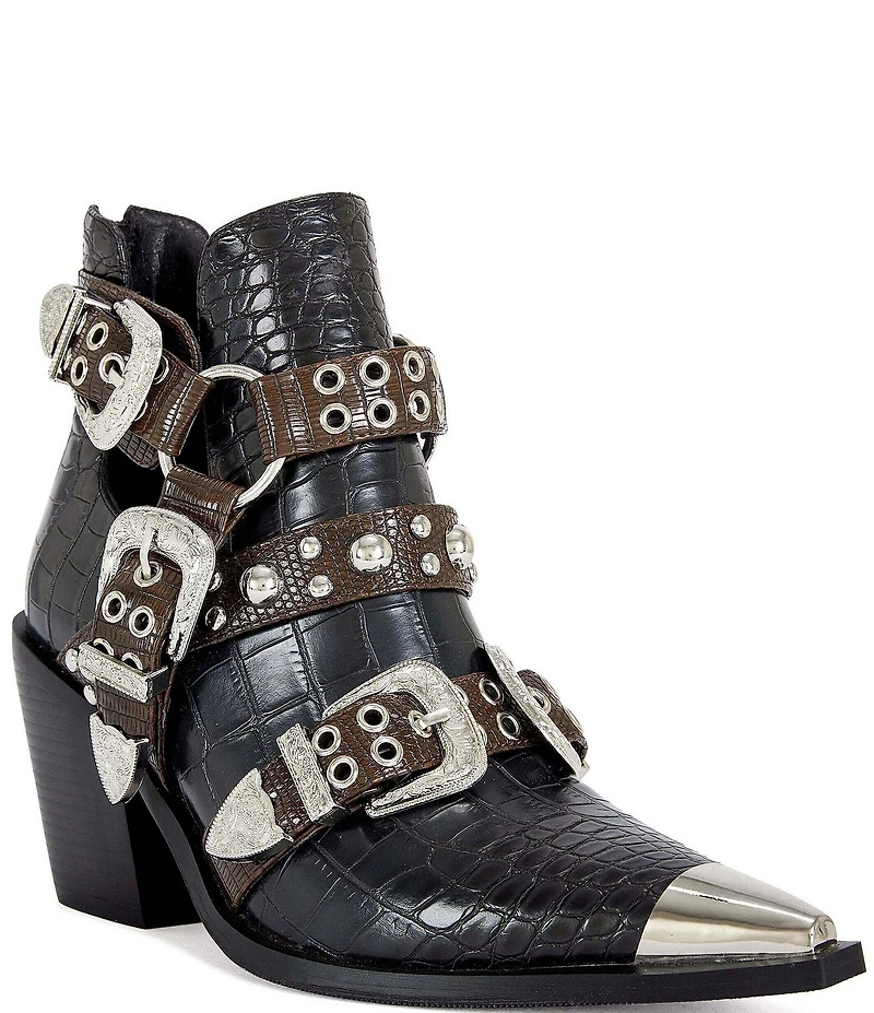 Azalea Wang Thalyn Croco Print Buckled Harness Western Booties