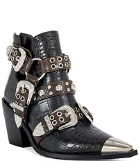 Azalea Wang Thalyn Croco Print Buckled Harness Western Booties