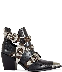 Azalea Wang Thalyn Croco Print Buckled Harness Western Booties