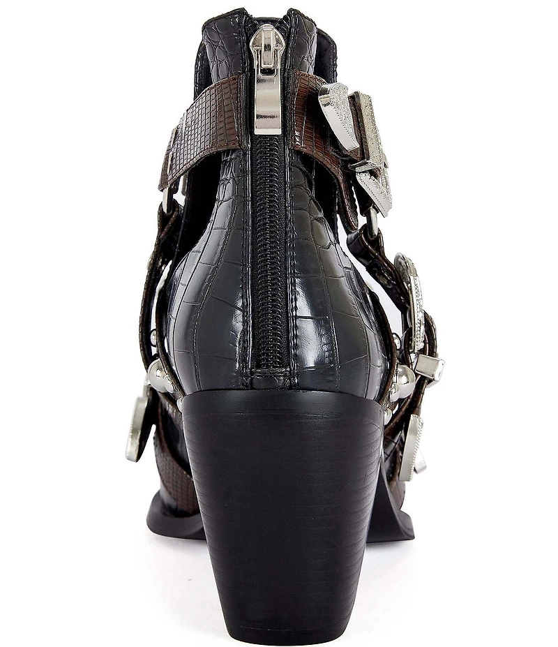 Azalea Wang Thalyn Croco Print Buckled Harness Western Booties