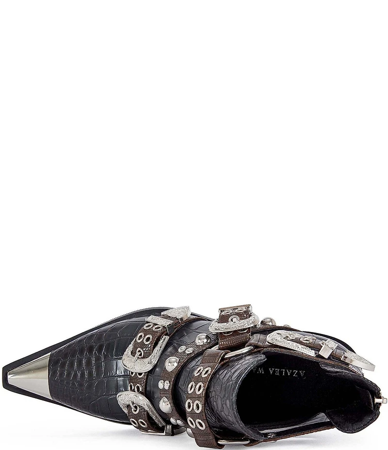 Azalea Wang Thalyn Croco Print Buckled Harness Western Booties
