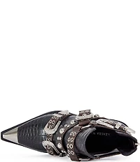 Azalea Wang Thalyn Croco Print Buckled Harness Western Booties