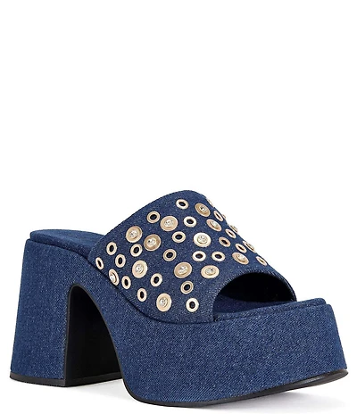 Azalea Wang Theodora Denim Studded Block Heel Platform Slide Sandals