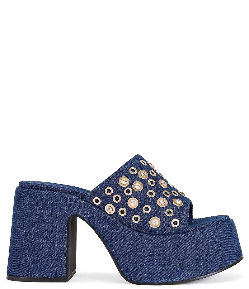 Azalea Wang Theodora Denim Studded Block Heel Platform Slide Sandals