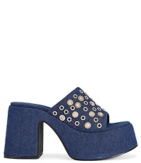 Azalea Wang Theodora Denim Studded Block Heel Platform Slide Sandals