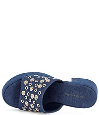 Azalea Wang Theodora Denim Studded Block Heel Platform Slide Sandals