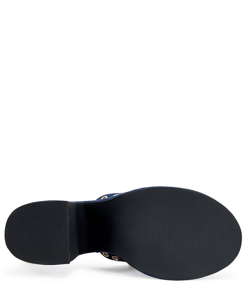 Azalea Wang Theodora Denim Studded Block Heel Platform Slide Sandals