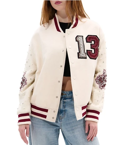 Azalea Wang Thirteen Beaded Crew Neck Long Sleeve Snap Front Bomber Jacket