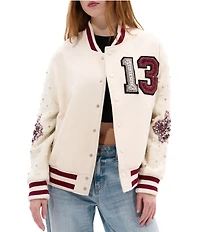 Azalea Wang Thirteen Beaded Crew Neck Long Sleeve Snap Front Bomber Jacket