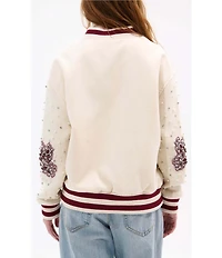 Azalea Wang Thirteen Beaded Crew Neck Long Sleeve Snap Front Bomber Jacket
