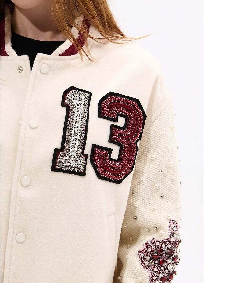 Azalea Wang Thirteen Beaded Crew Neck Long Sleeve Snap Front Bomber Jacket