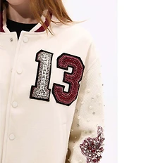 Azalea Wang Thirteen Beaded Crew Neck Long Sleeve Snap Front Bomber Jacket
