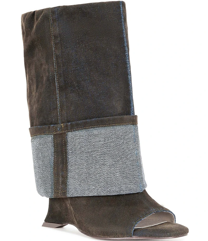 Azalea Wang Tin Denim Cuffed Peep Toe Tall Boots