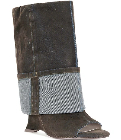 Azalea Wang Tin Denim Cuffed Peep Toe Tall Boots